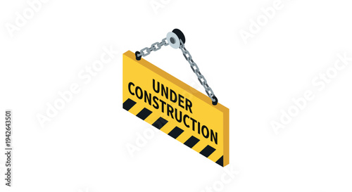 Isometric under construction sign with chains and pulley on white background