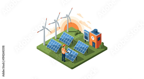 Renewable energy solutions with solar panels and wind turbines in isometric design