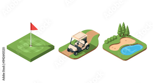 Isometric golf course elements: green, golf cart, and bunker with pine trees