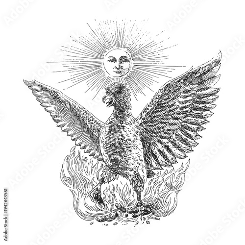 Phoenix, vector hand drawing in engraving style