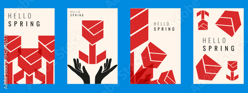 Modern Spring poster cover set. Vector illustration of modern Geometric Spring flowers with bold hello Spring message isolated light backgorund.  Abstract bold slowers. EPS 10