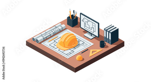 Architectural workspace with helmet and blueprint on desk 3d design