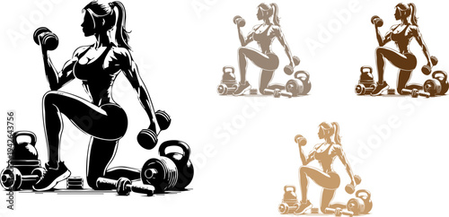 Strong Fitness Woman Lifting Dumbbells with Kettlebells Gym Workout Vector Illustration