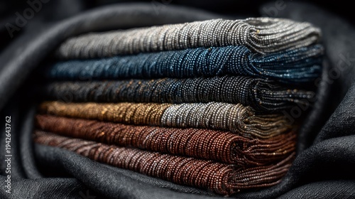Stacked Rolls of Textured Metallic Fabrics in Various Colors
