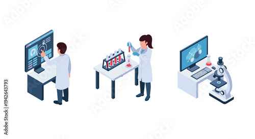 Isometric lab professionals with computers and scientific equipment in a research setting