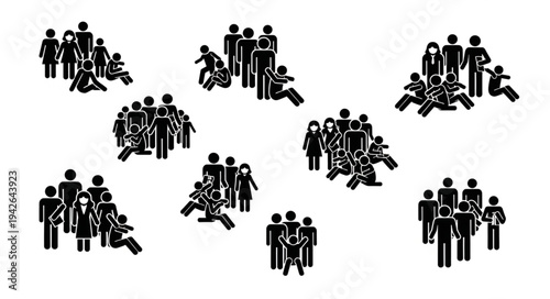 Diverse groups of people represented by simple black and white icons.