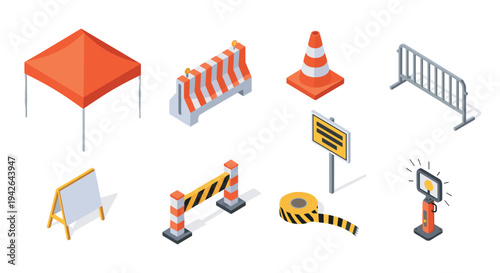 Isometric construction safety equipment set with traffic cones and barriers