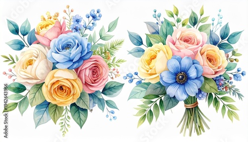 A watercolor floral bouquet illustration set featuring multiple bouquets and botanical elements.