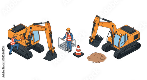 Construction site equipment with workers and excavators in isometric style
