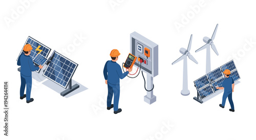 Isometric renewable energy: solar panels and wind turbines with engineers in hard hats
