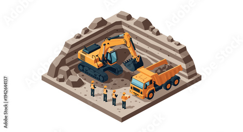 Isometric construction scene with excavator and dump truck in quarry