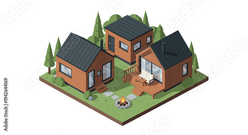 Cozy isometric wooden cabins in forest setting with campfire