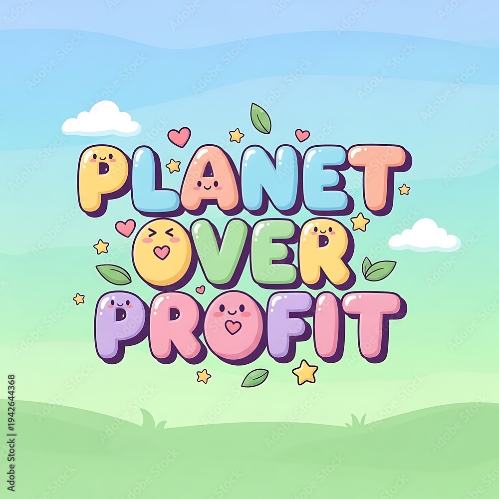 Fototapeta premium Planet Over Profit environmental message, cute kawaii bubble lettering with smiling faces, eco-friendly activism concept in pastel colors