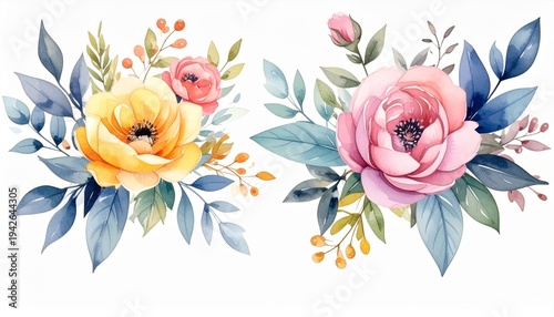 A watercolor floral bouquet illustration set featuring multiple bouquets and botanical elements.