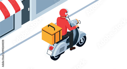 Isometric delivery courier on scooter near shop with red awning