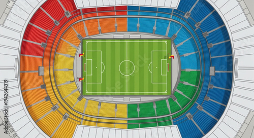 Aerial View of a Colorful Football Stadium with Green Field.