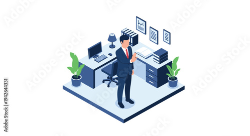 Professional office worker in isometric workspace scene