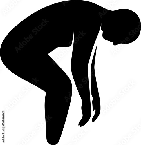 Simple black silhouette of a person bent over, possibly in exhaustion or submission. Minimalist pictogram icon