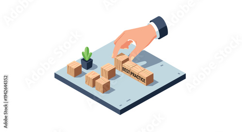 Hand arranging wooden blocks with best practice concept on desk