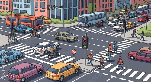 Bustling City Intersection with Cars and Pedestrians.