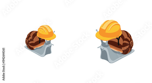 Snail wearing yellow construction helmet on white background