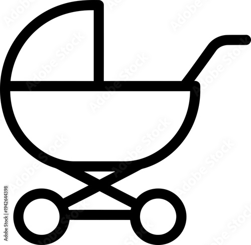 Simple outline baby carriage symbol for childcare, infant transportation, or nursery. Minimalist newborn pram vector icon