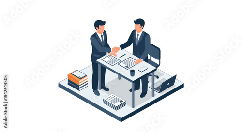 Isometric business meeting with two professionals shaking hands in office setting