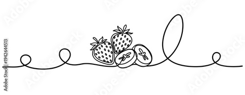 Strawberries and slices arranged on decorative wavy line. none editable strokes
