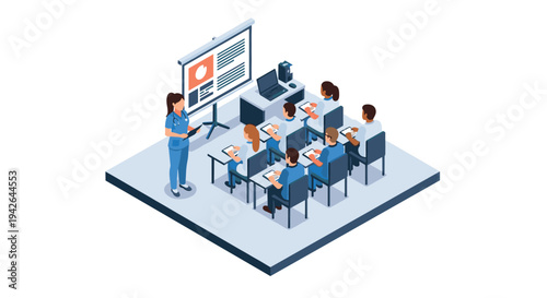 Isometric classroom training session with presentation and technology equipment