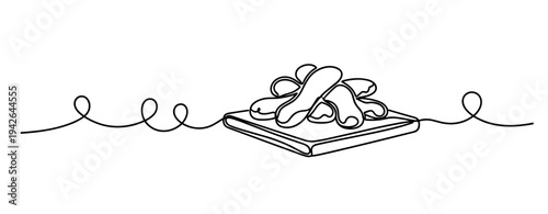 Stack of cookies arranged on square plate with continuous line. none editable strokes