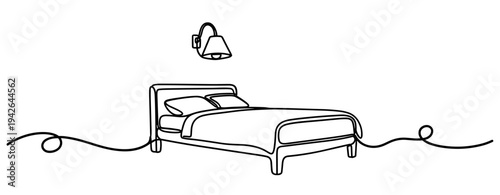 Bed with wall lamp connected by continuous line in room. none editable strokes