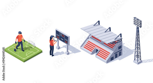Isometric soccer stadium elements with field, scoreboard, and lights