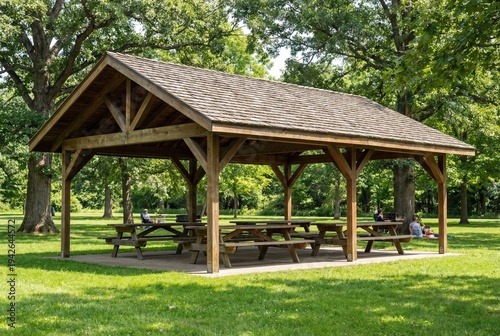 Large wooden picnic shelter with multiple tables under a canopy of green trees in a sunny park with people relaxing nearby, perfect for outdoor gatherings and recreation.