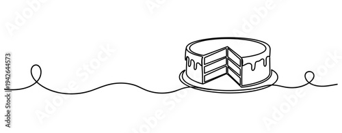 Layered cake with slice removed on plate in line art. none editable strokes