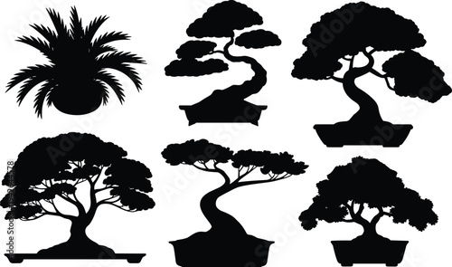 Bonsai tree silhouettes collection featuring miniature Japanese plants in pots isolated vector illustration set for garden and nature design