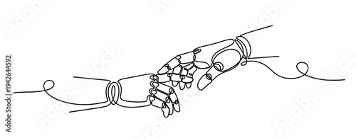 Robot and human hands touching on continuous line drawing. none editable strokes