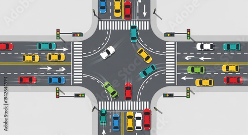 Aerial View of Busy Intersection with Cars and Crosswalks.