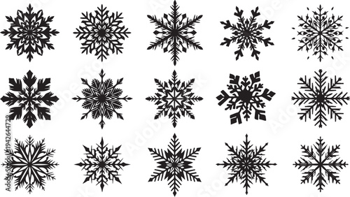 Collection of unique black snowflakes on white background illustration