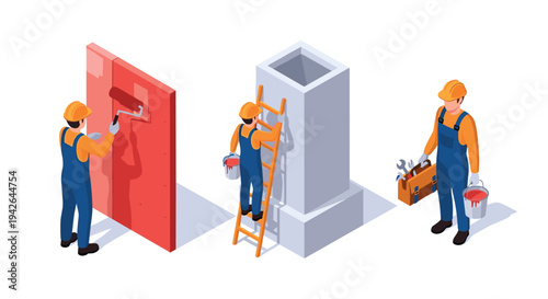 Construction workers painting and repairing in isometric style