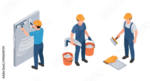 Construction workers plastering walls in isometric style for renovation projects
