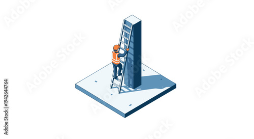 Construction worker climbing ladder on building wall isometric design