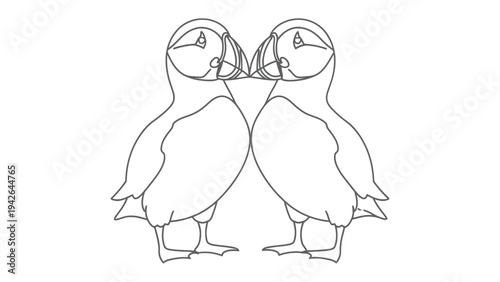 Pair of Puffin Drawing: Two adorable puffins stand close, their unique features highlighted in this clean and minimalist illustration, symbolizing companionship and the beauty of nature.