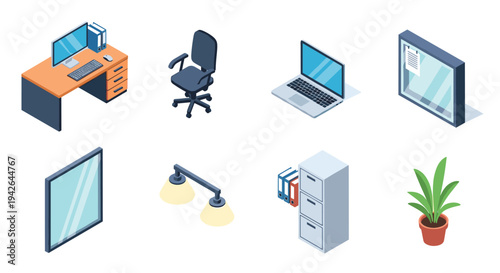 Modern office equipment set in isometric style for workspace inspiration