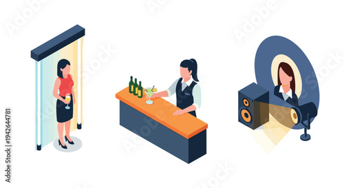 Isometric bar scene with bartender, guest, and dj