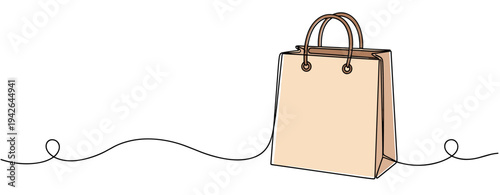 Paper shopping bag standing on continuous line across white background