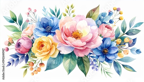 A watercolor floral bouquet illustration set featuring multiple bouquets and botanical elements.