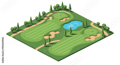 Isometric golf course design with green landscape and water hazard
