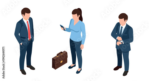 Isometric business professionals with briefcase and smartwatch on white background