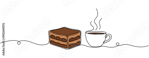 Piece of chocolate cake beside steaming cup on continuous line