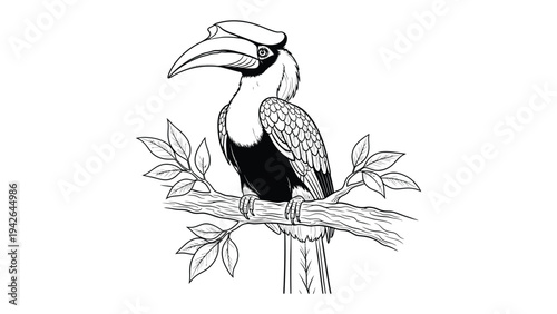 Hornbill on Branch Outline: A detailed black and white outline illustration of a majestic hornbill perched on a branch, capturing the bird's unique beak and distinctive features in a minimalist style.
